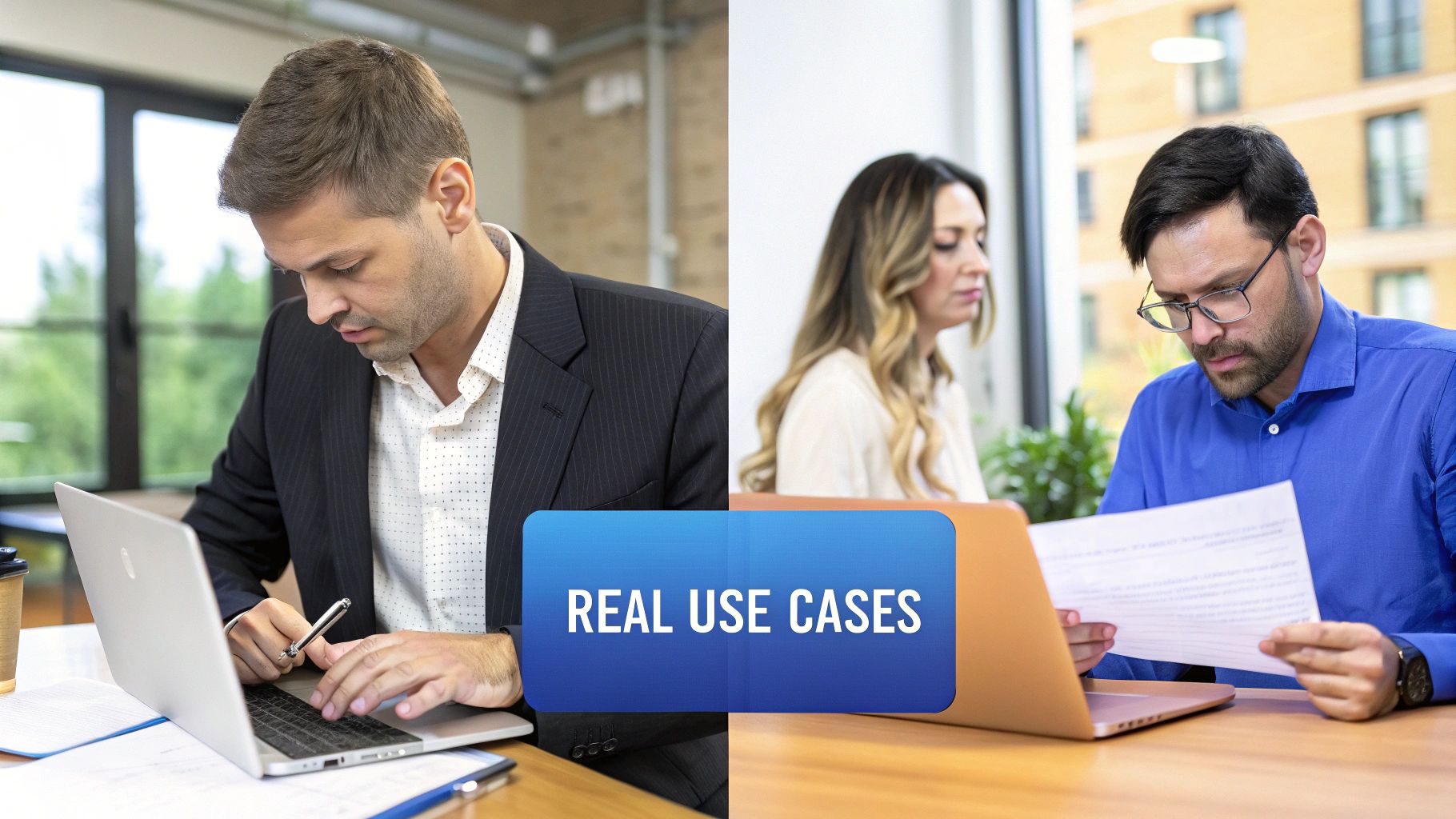 Professionals working on laptops and reviewing documents in an office setting, with 'REAL USE CASES' overlay.
