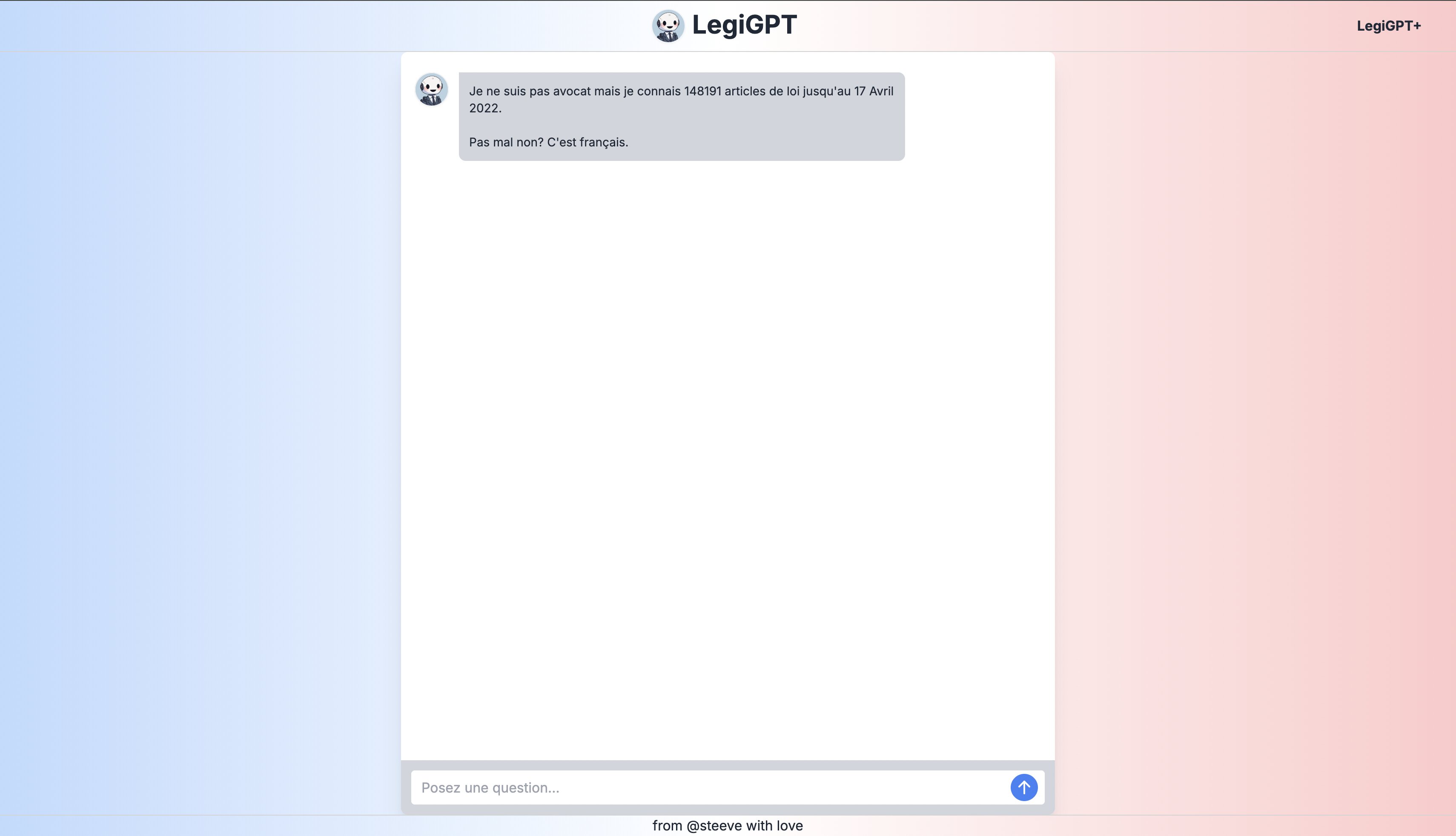 Interface LegiGPT avec une question en langage naturel sur le droit français