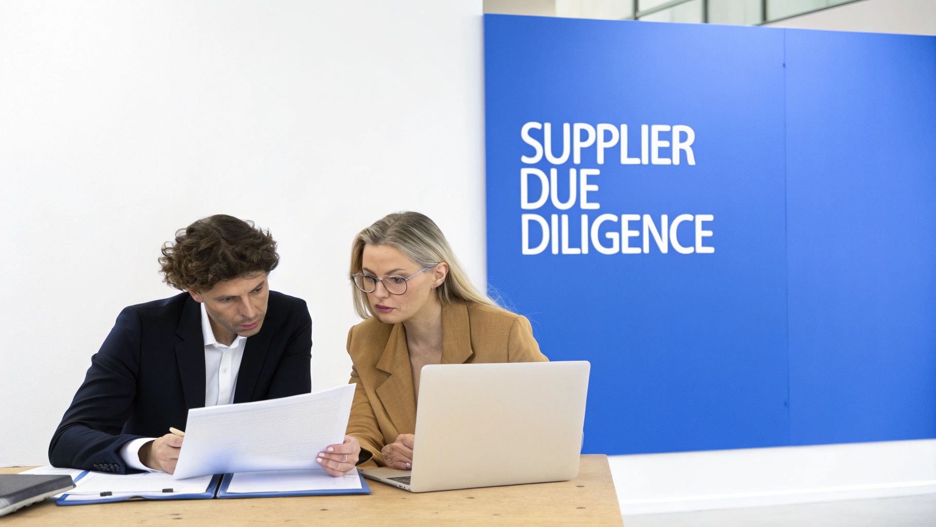 Two business professionals reviewing documents and a laptop with 'SUPPLIER DUE DILIGENCE' sign in background.