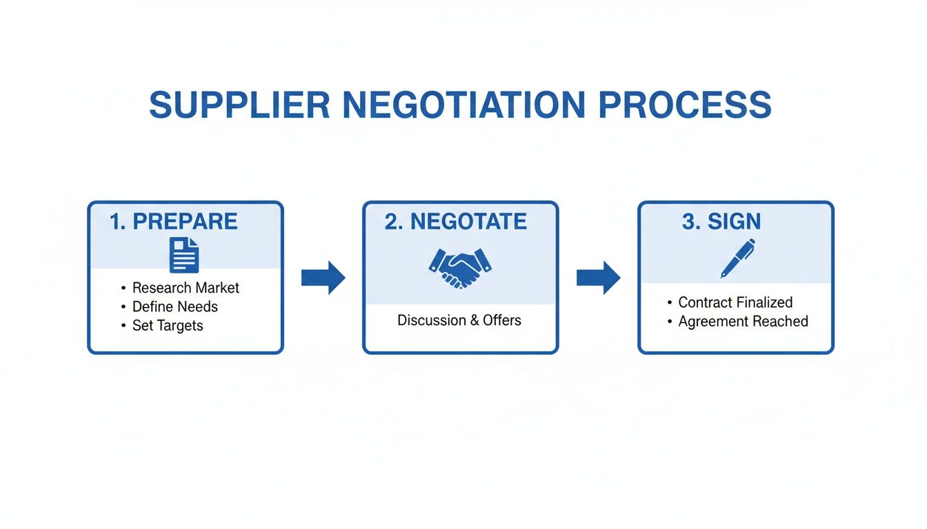 A diagram outlining the supplier negotiation process, detailing three steps: prepare, negotiate, and sign.