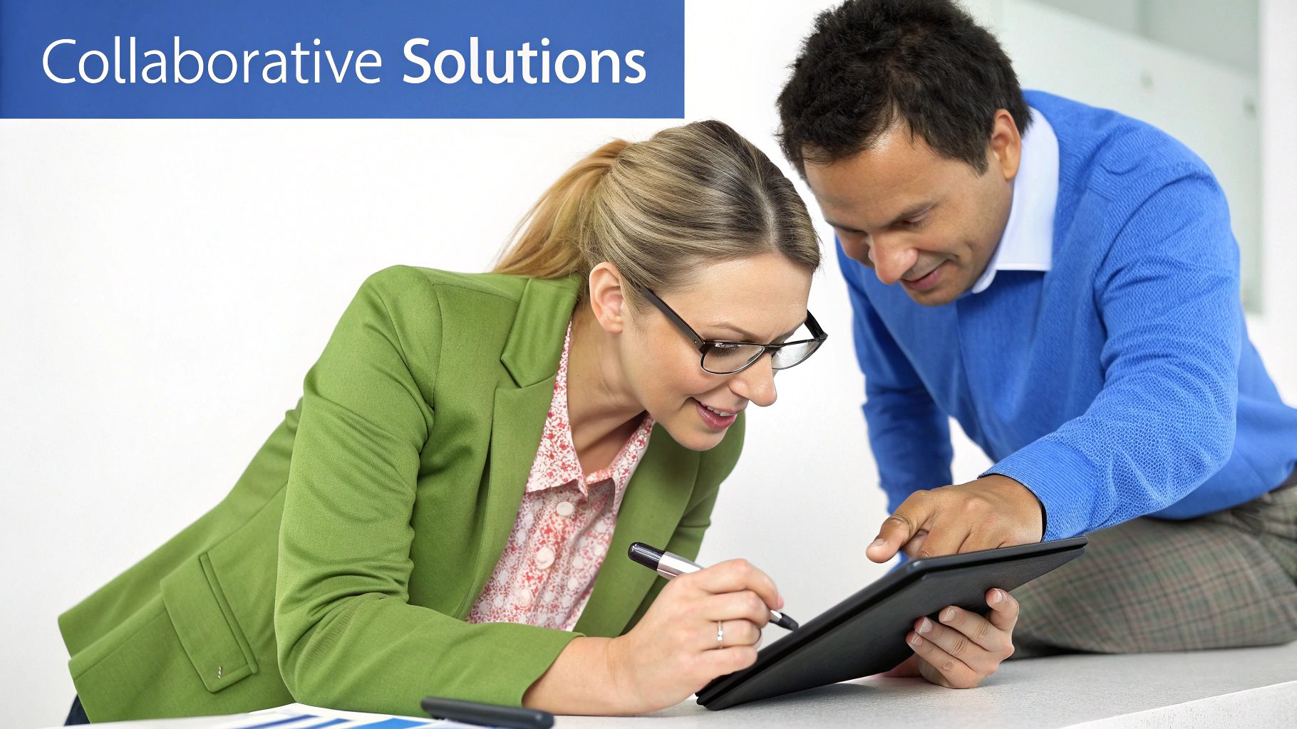 Two business professionals, a woman and a man, collaborating on a tablet with a stylus, embodying collaborative solutions.