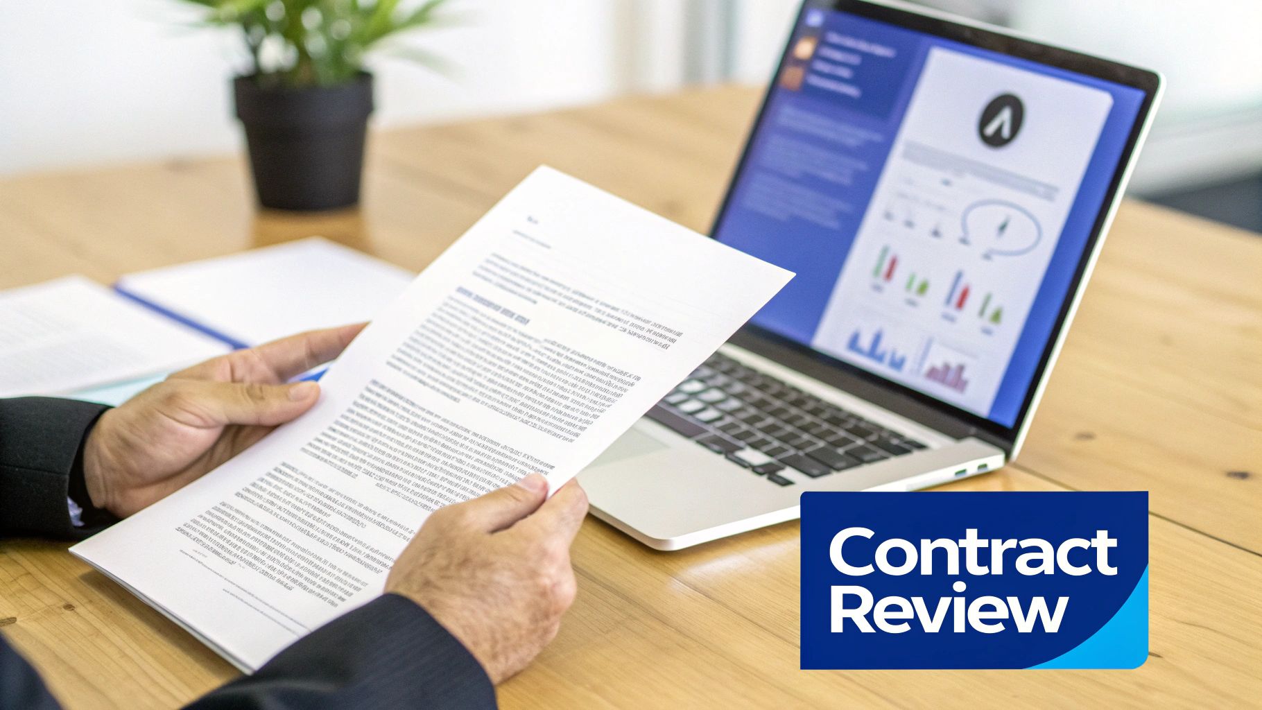 Close-up of a person's hands holding a contract, with a laptop displaying data, next to a 'Contract Review' graphic.