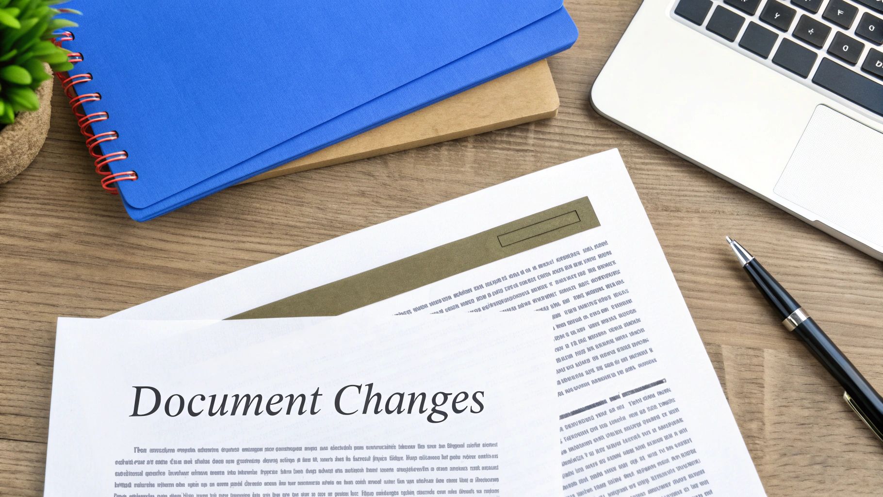 A flat lay of an office desk with a document titled 'Document Changes', a laptop, a blue notebook, and a pen.