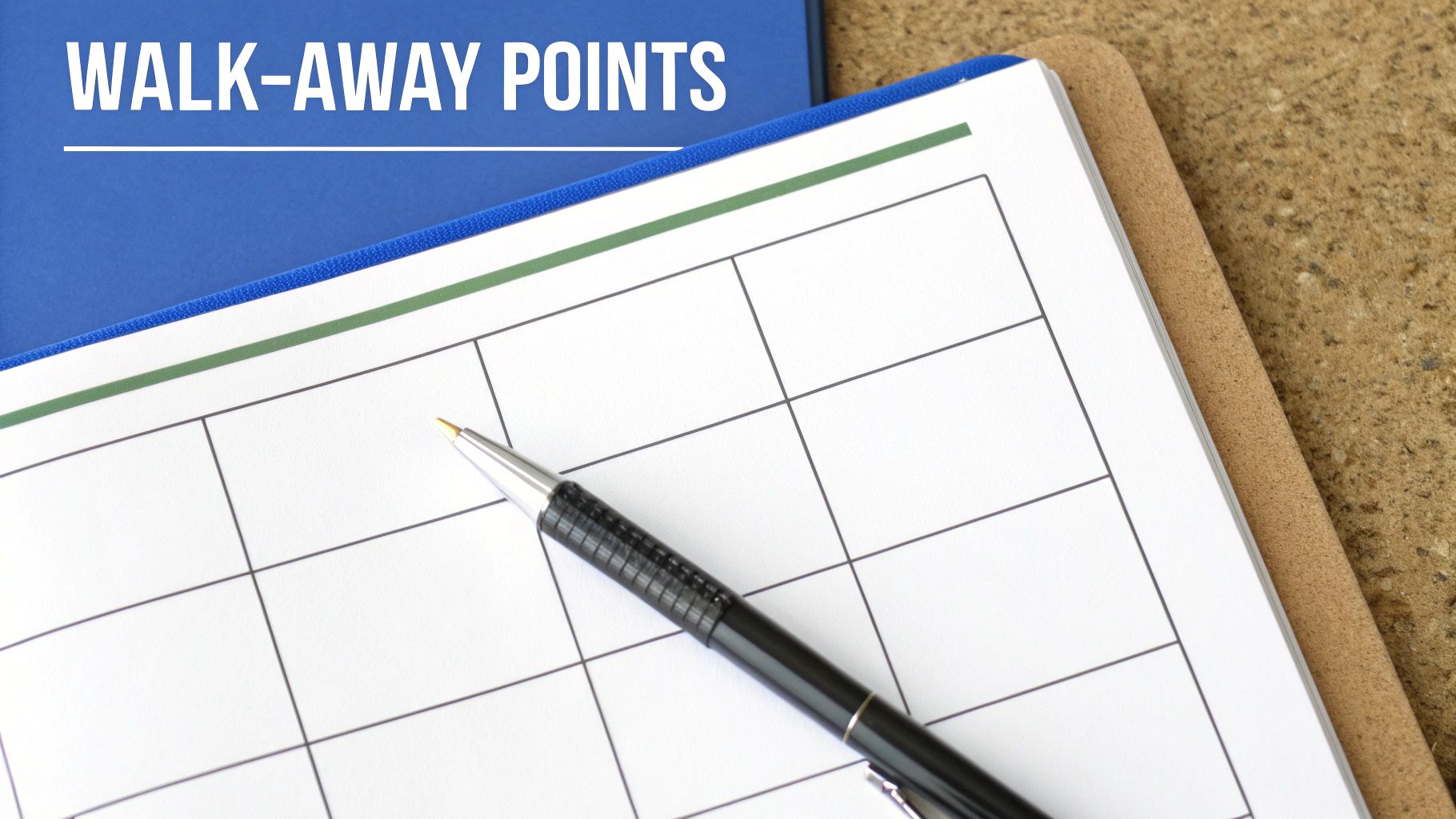 A blue folder displaying 'WALK-AWAY POINTS' text, with a notebook and pen.