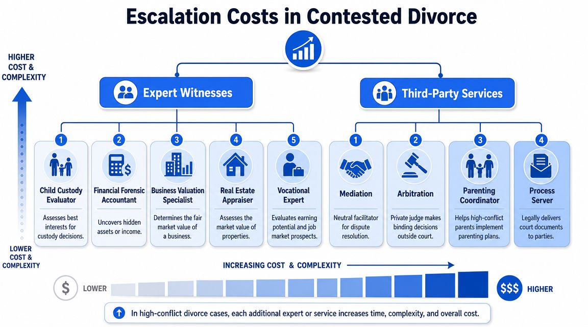 A chart illustrating the rising costs and complexity associated with hiring various experts and services during a contested divorce.
