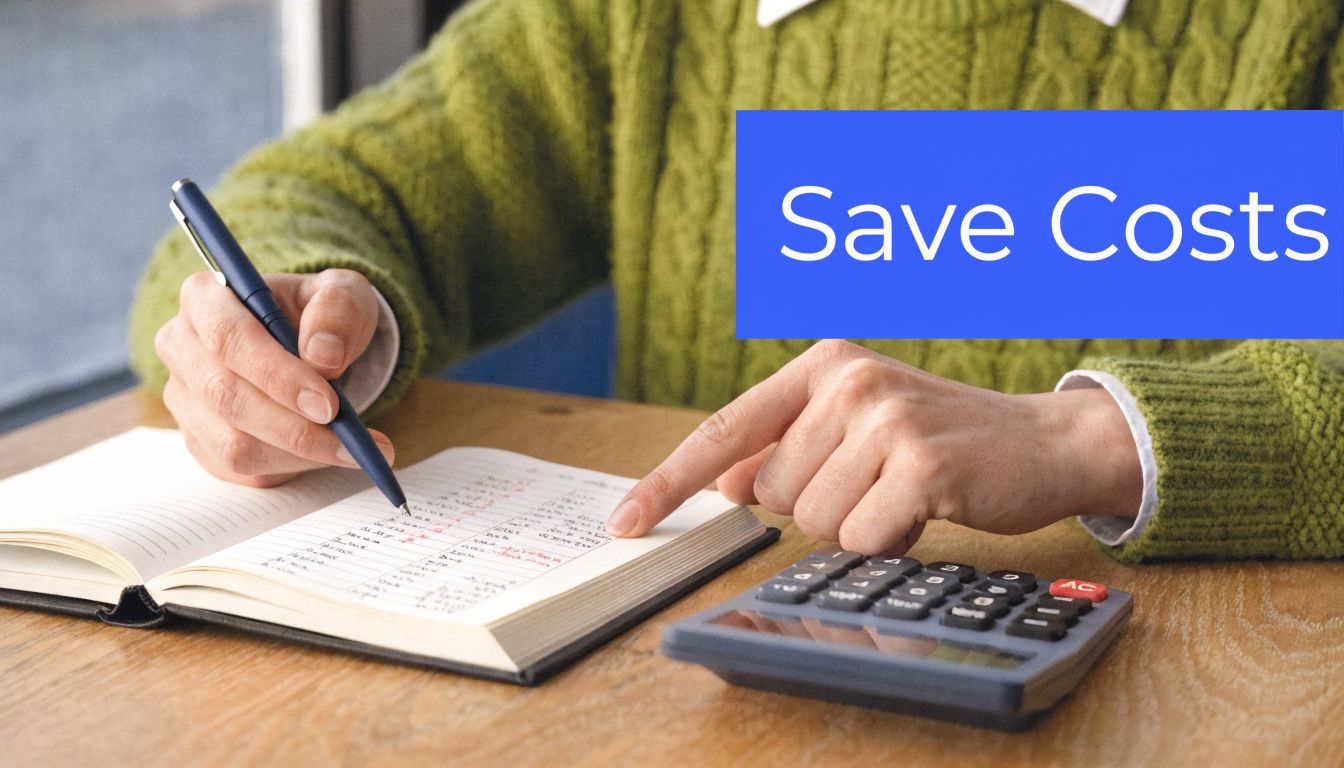 A person in a green sweater uses a calculator and pen to organize financial budget records.