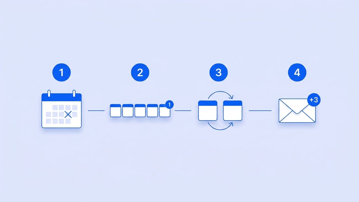 The four steps to calculate a court deadline: exclude the trigger day, count the days, roll off weekends and holidays, and add time for service