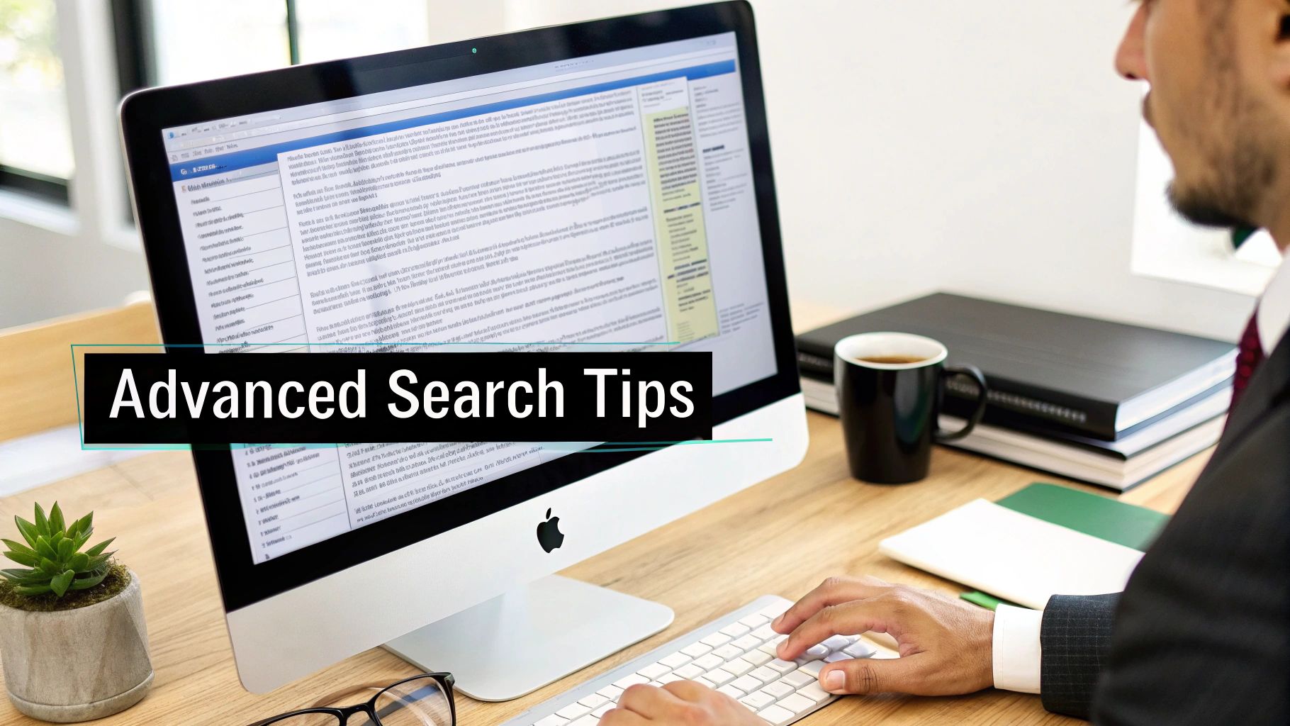 A man in a suit is actively engaged in computer research, showing 'Advanced Search Tips' overlay.