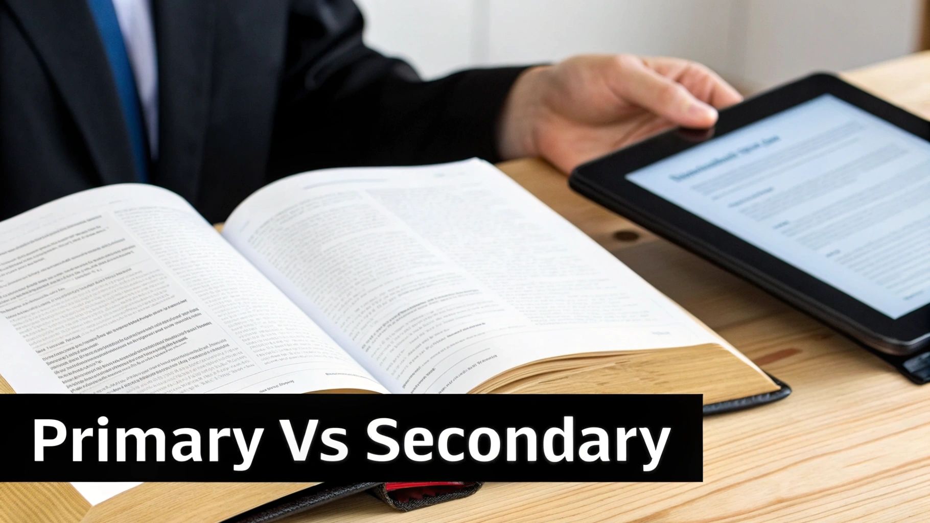 A person in a suit examines an open textbook and a digital tablet, representing legal research methods.