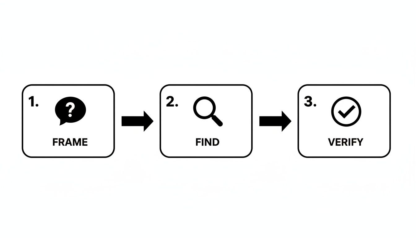 A clear three-step diagram outlining the process of research: frame, find, and verify.