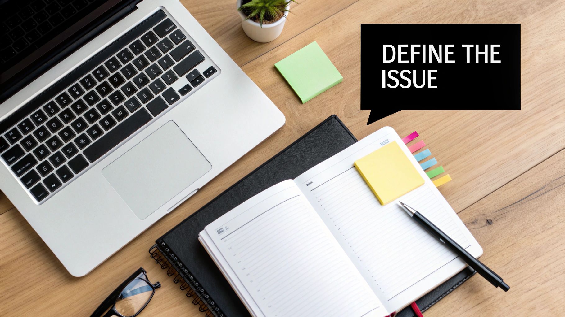 Top-down view of a desk with a laptop, open notebook, pen, glasses, and a speech bubble stating 'DEFINE THE ISSUE'.