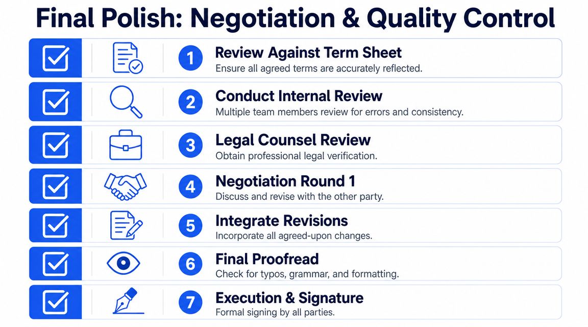 A seven-step infographic titled Final Polish: Negotiation and Quality Control for reviewing and executing legal contracts.