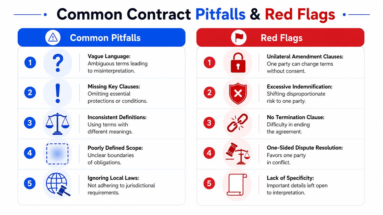 An infographic titled Common Contract Pitfalls and Red Flags outlining key issues to avoid in legal documents.