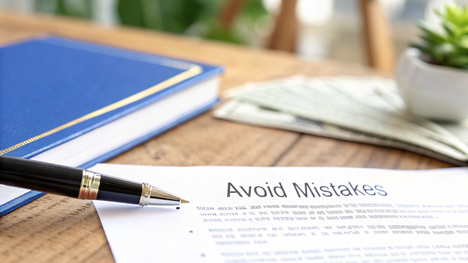 A pen rests on a document titled 'Avoid Mistakes' with a blue notebook on a wooden desk.