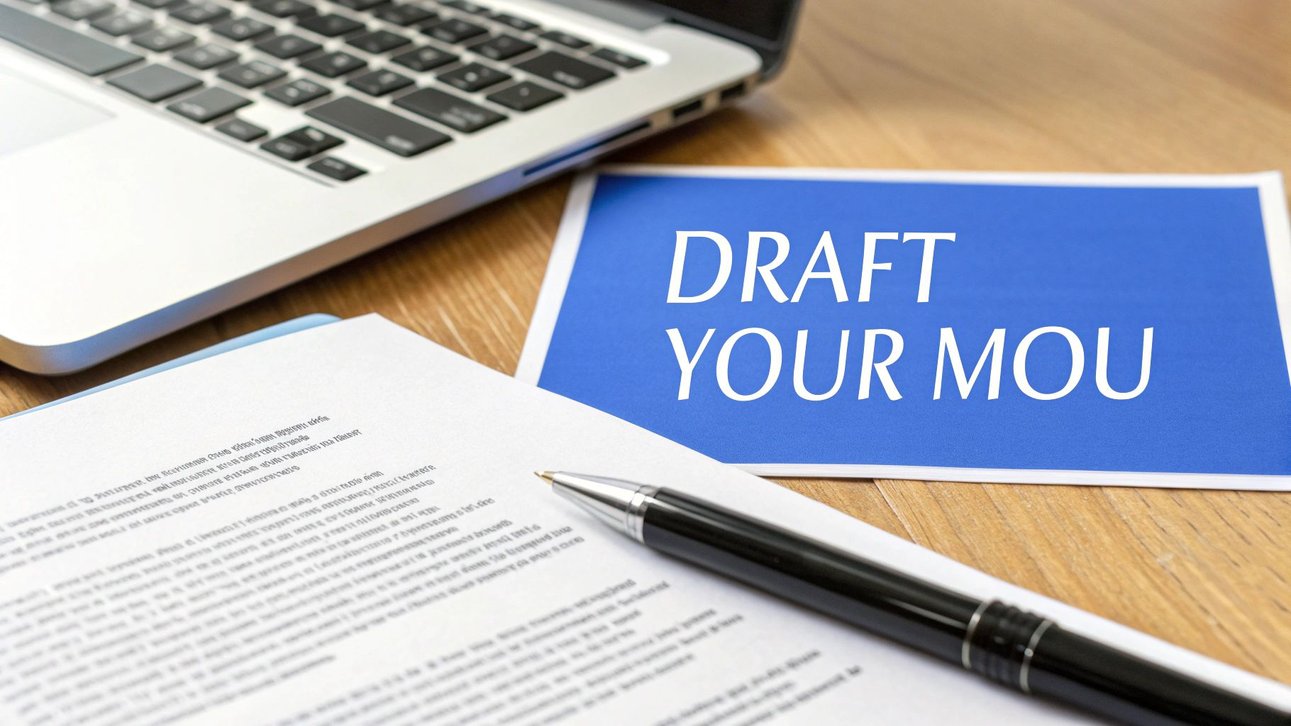 A close-up of a desk with a laptop, a document, a pen, and a blue card reading 'DRAFT YOUR MOU'.