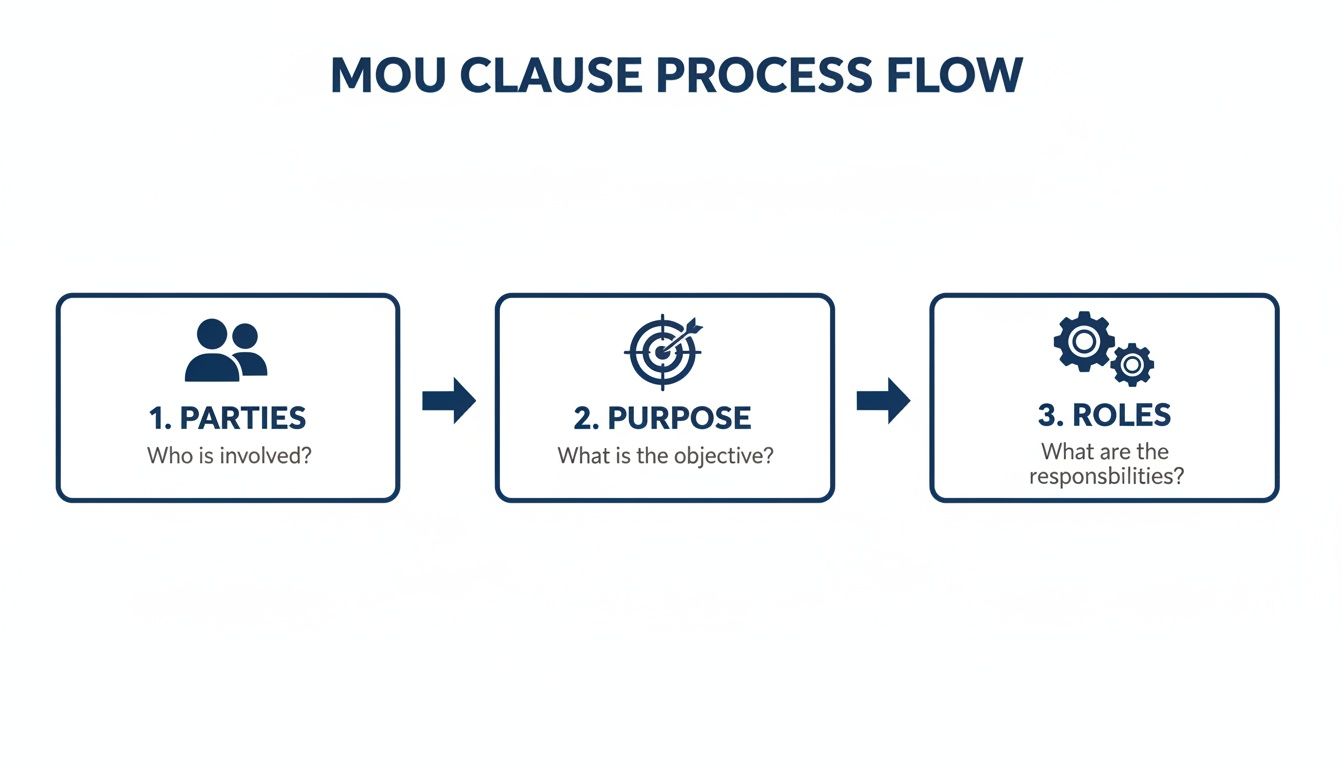A process flow diagram outlining the three key MOU clauses: Parties, Purpose, and Roles.